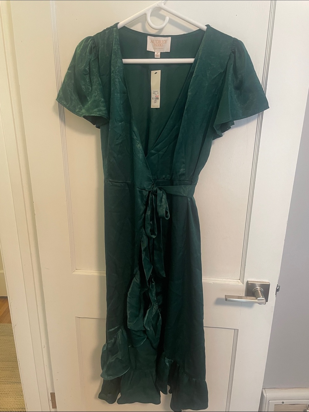 Audrey Parks for Francesca’s Emerald Green Wrap Midi Dress with Ruffle Hem
